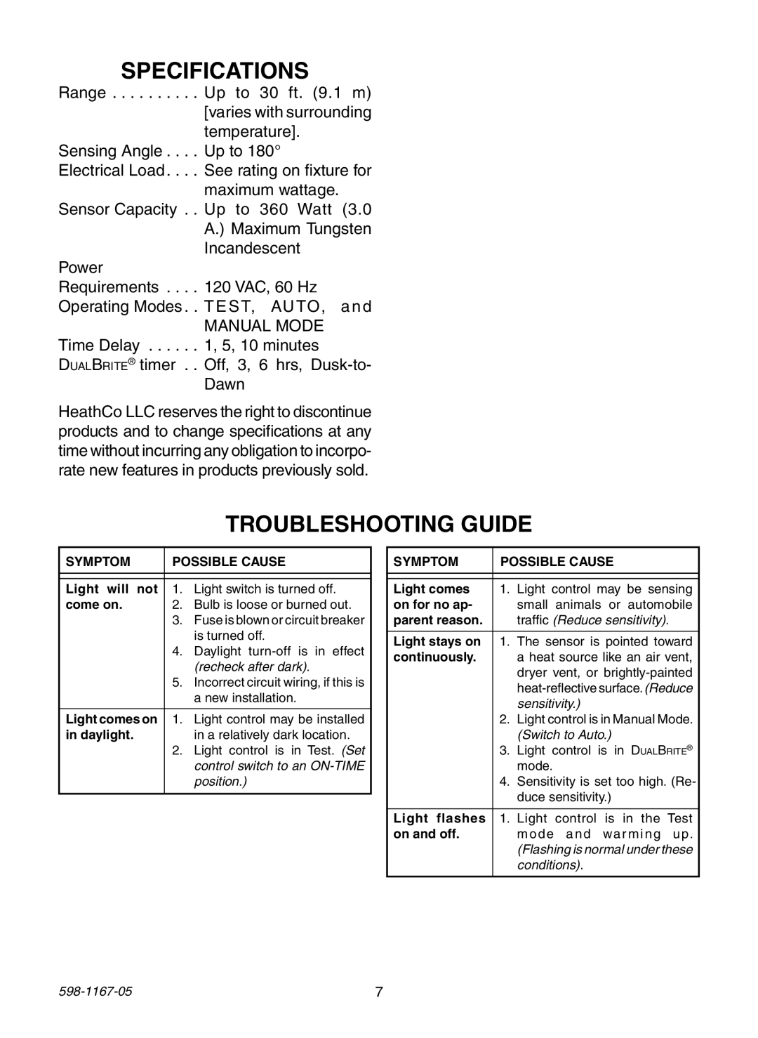 Heath Zenith PF-4197-WH, PF-4192-WH, PF-4192-BK warranty Specifications, Troubleshooting Guide 