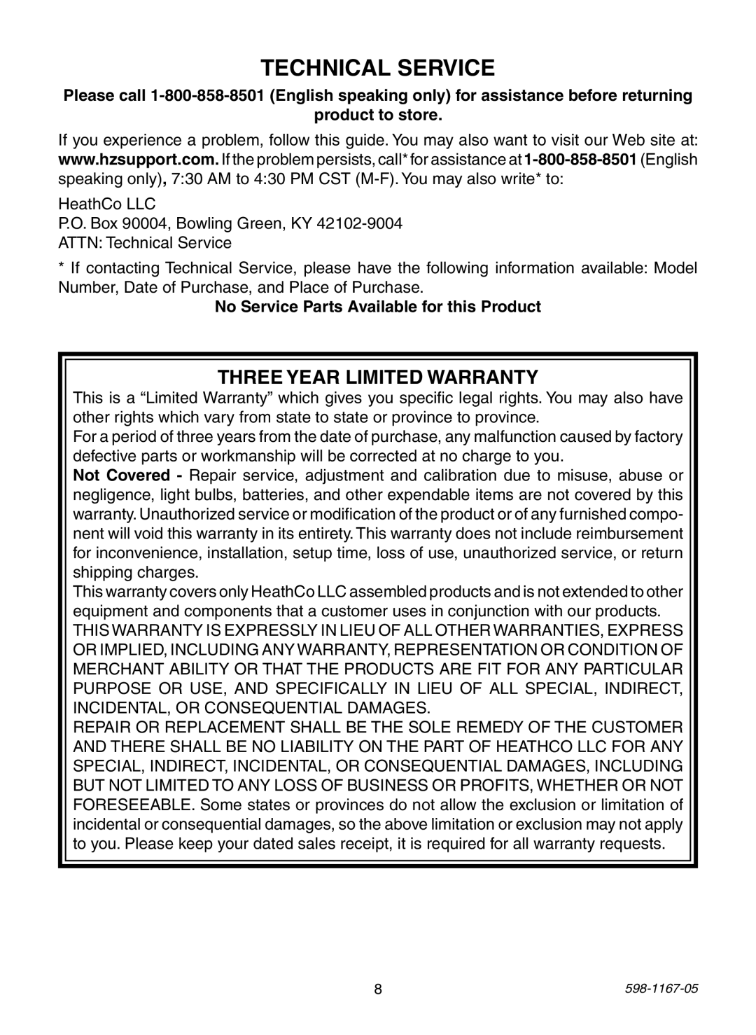 Heath Zenith PF-4192-BK, PF-4192-WH, PF-4197-WH warranty Technical Service, No Service Parts Available for this Product 