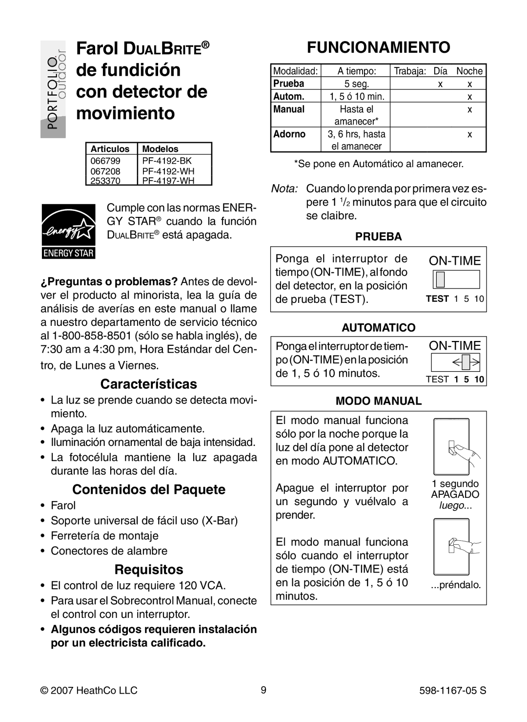 Heath Zenith PF-4192-WH, PF-4197-WH, PF-4192-BK warranty Funcionamiento, Características, Contenidos del Paquete, Requisitos 