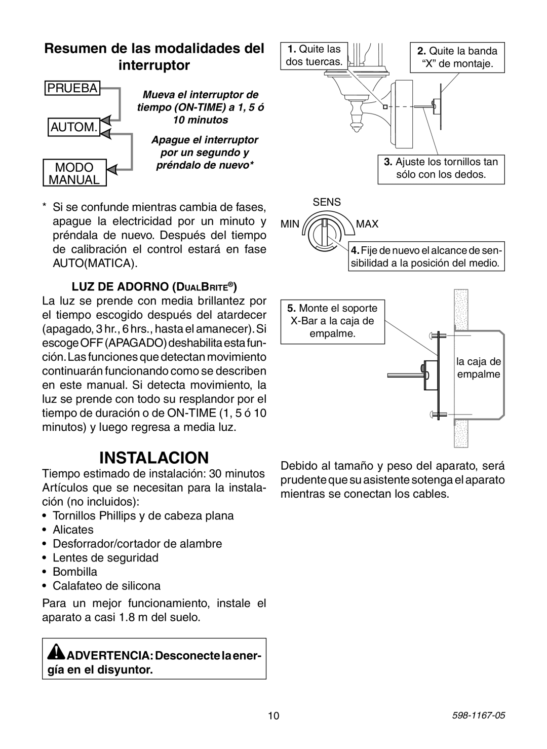 Heath Zenith PF-4197-WH Instalacion, Resumen de las modalidades del interruptor, LUZ DE ADORNO DualBrite, Prueba, Autom 