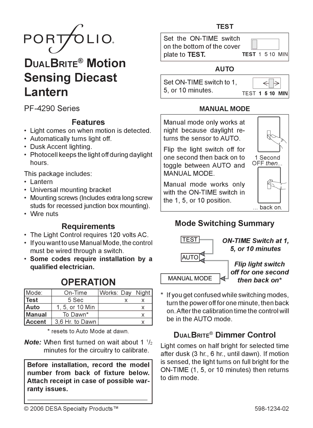 Heath Zenith PF-4290 Series warranty Operation, Features, Requirements, Mode Switching Summary, DualBrite Dimmer Control 