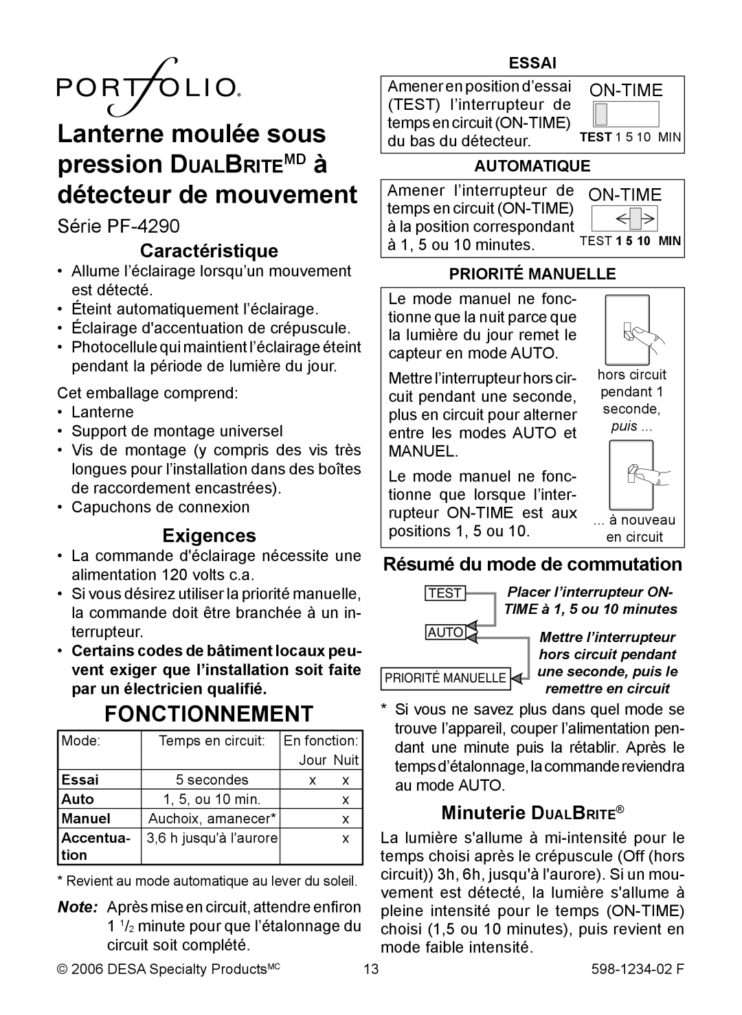 Heath Zenith PF-4290 Series Fonctionnement, Caractéristique, Exigences, Résumé du mode de commutation, Minuterie DualBrite 