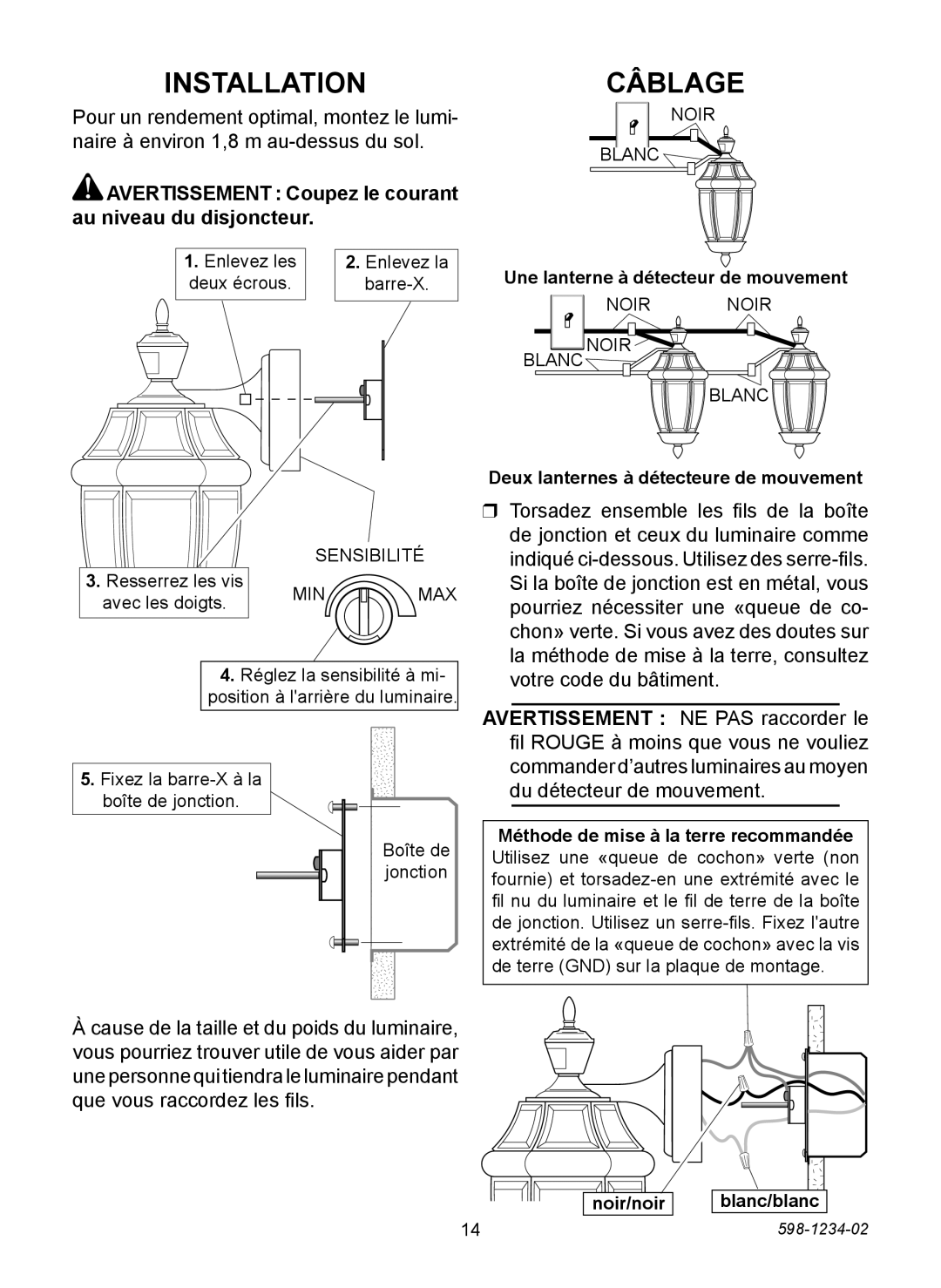 Heath Zenith PF-4290 Series warranty Câblage, Avertissement Coupez le courant au niveau du disjoncteur 