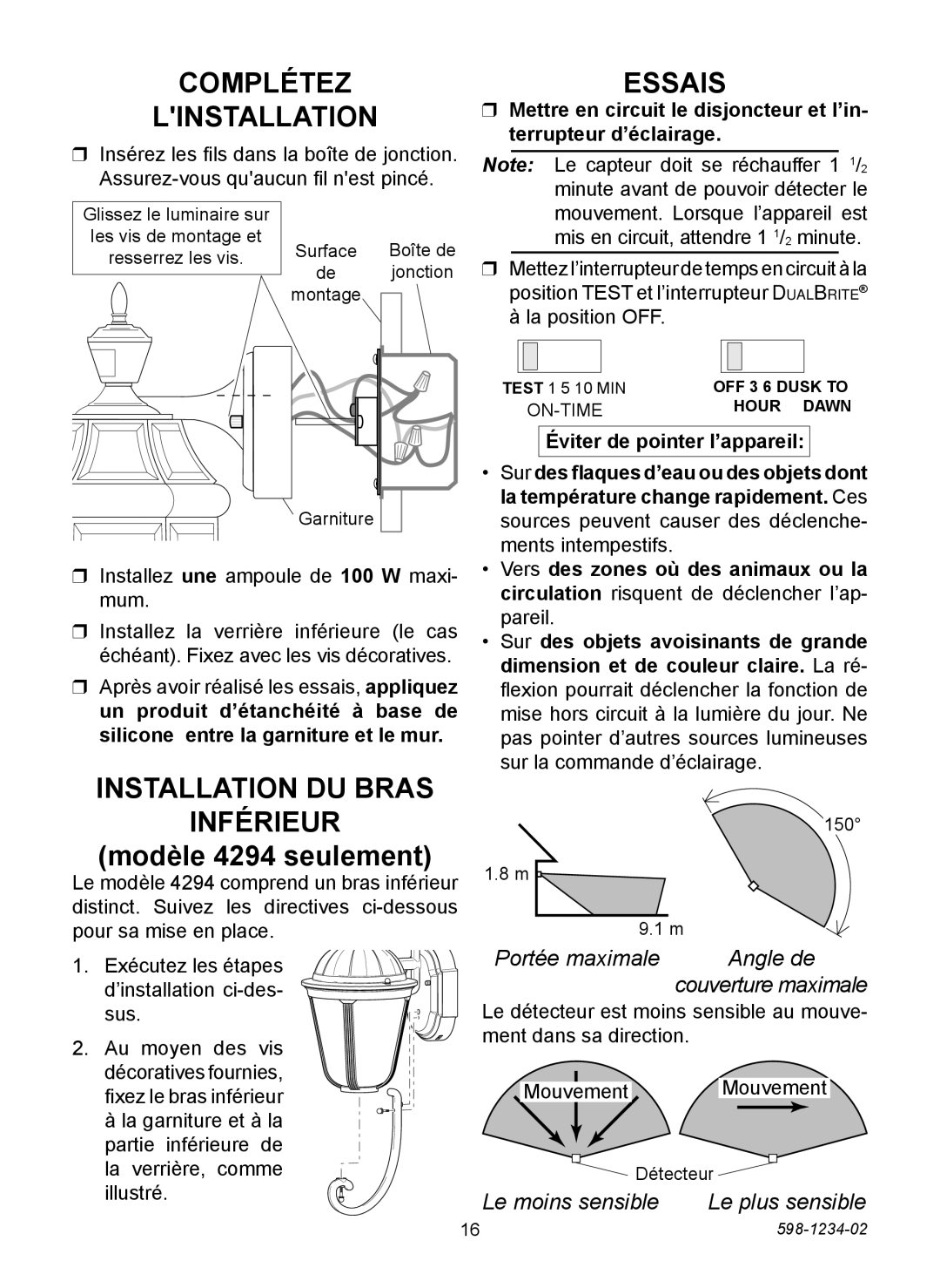 Heath Zenith PF-4290 Series Complétez Linstallation, Essais, Installation DU Bras Inférieur, Portée maximale Angle de 