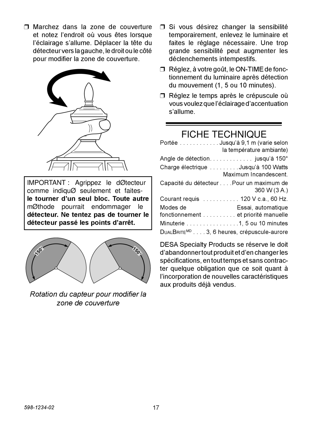 Heath Zenith PF-4290 Series warranty Fiche Technique, Rotation du capteur pour modifier la Zone de couverture 