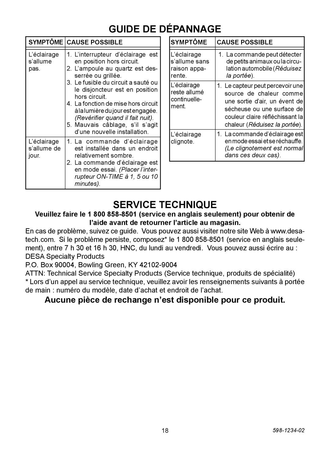 Heath Zenith PF-4290 Series warranty Guide DE Dépannage, Service Technique 