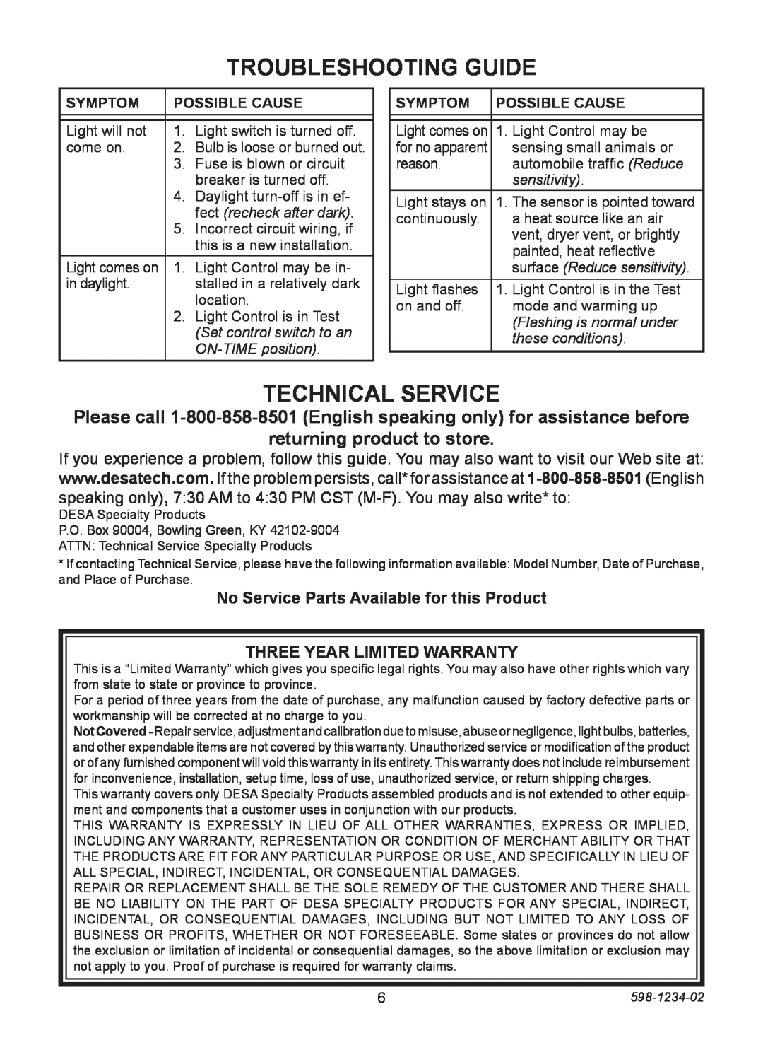 Heath Zenith PF-4290 Series Troubleshooting Guide, Technical Service, returning product to store, Symptom, Possible Cause 