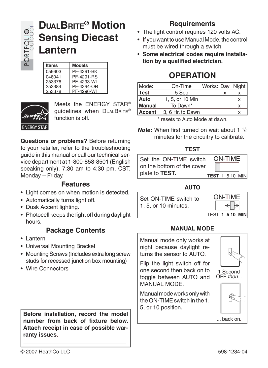 Heath Zenith PF-4294-OR, PF-4291-BK, PF-4296-WI, PF-4293-WI warranty DualBrite Motion Sensing Diecast Lantern, Operation 