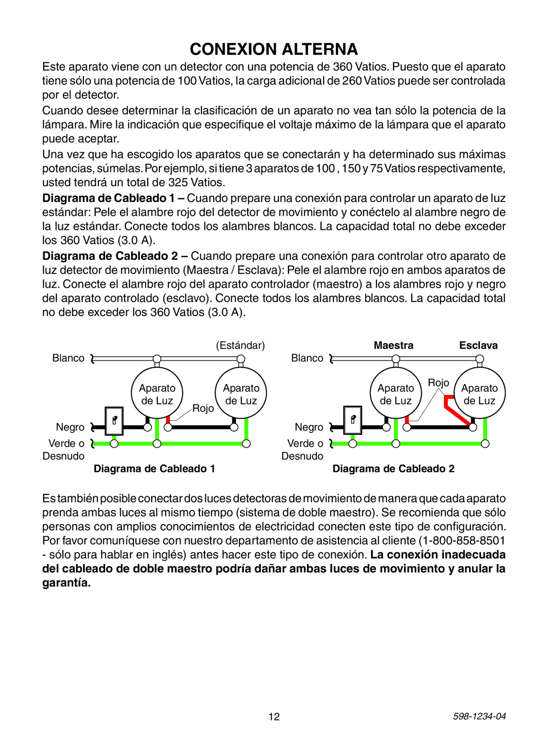 Heath Zenith PF-4296-WI, PF-4291-BK, PF-4294-OR, PF-4293-WI, PF-4291-RS warranty Conexion Alterna, Diagrama de Cableado 