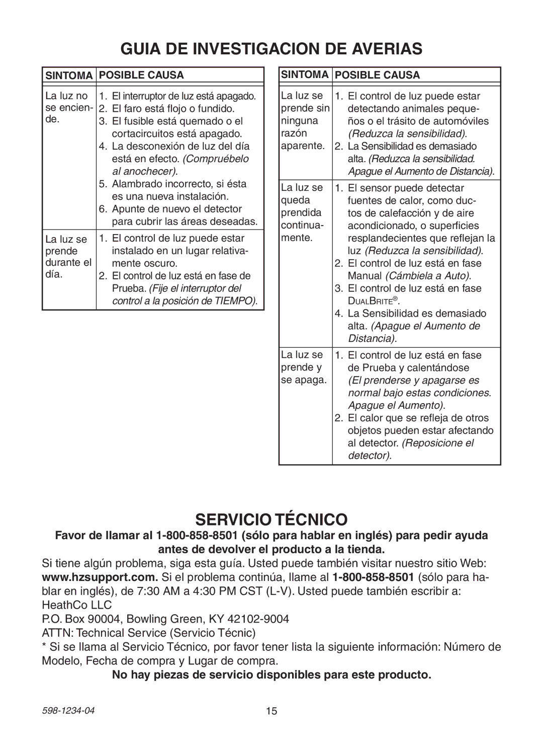 Heath Zenith PF-4291-BK, PF-4294-OR, PF-4296-WI, PF-4293-WI, PF-4291-RS Guia DE Investigacion DE Averias, Servicio Técnico 