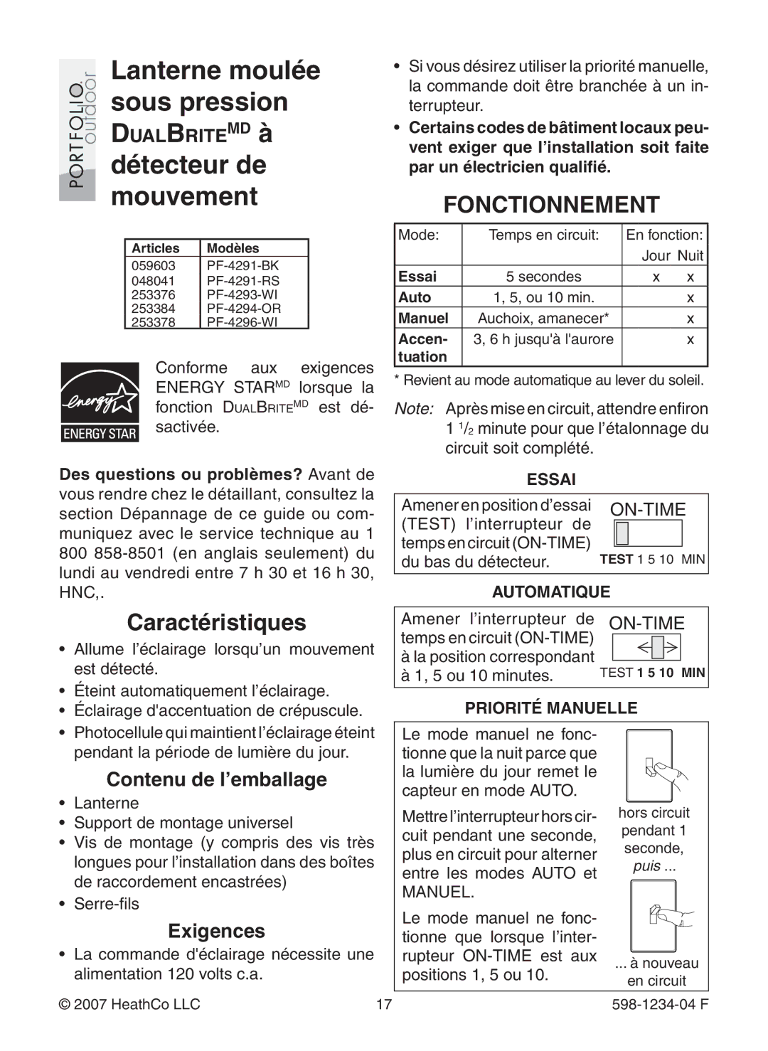 Heath Zenith PF-4296-WI, PF-4291-BK, PF-4294-OR, PF-4293-WI, PF-4291-RS warranty Fonctionnement, Caractéristiques 