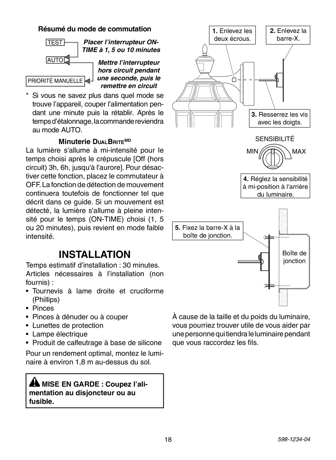 Heath Zenith PF-4293-WI, PF-4291-BK, PF-4294-OR, PF-4296-WI, PF-4291-RS Résumé du mode de commutation, Minuterie DualBriteMD 