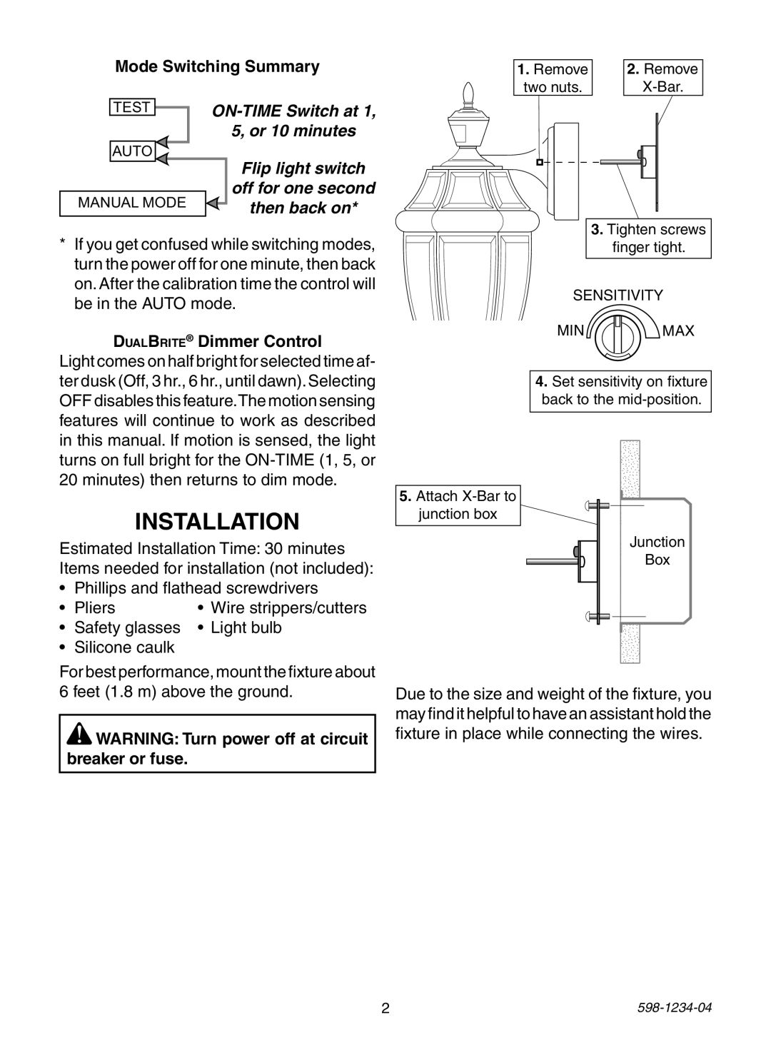 Heath Zenith PF-4296-WI, PF-4291-BK, PF-4294-OR, PF-4293-WI Installation, Mode Switching Summary, DualBrite Dimmer Control 