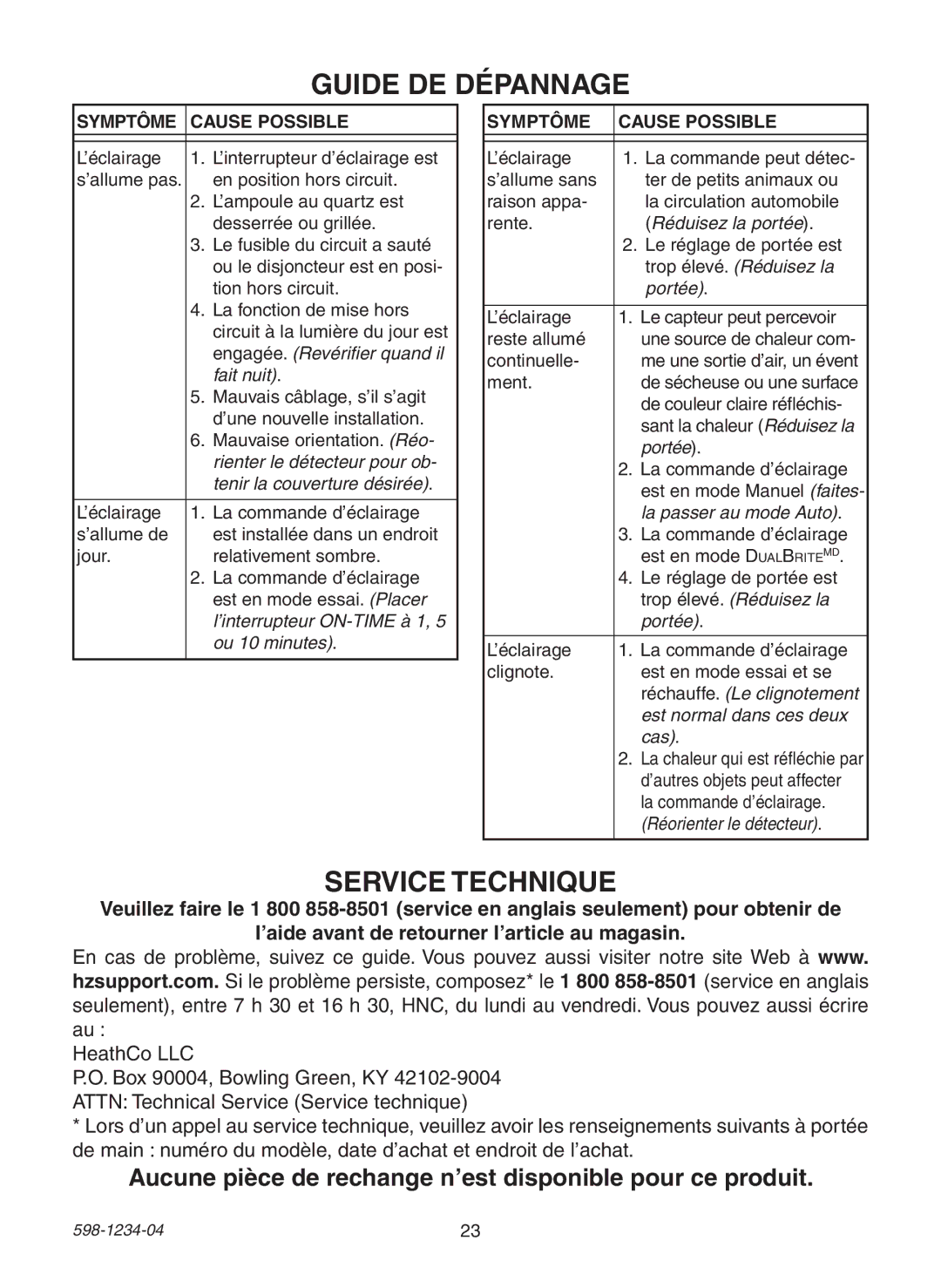 Heath Zenith PF-4293-WI, PF-4291-BK, PF-4294-OR, PF-4296-WI, PF-4291-RS warranty Guide DE Dépannage, Service Technique 