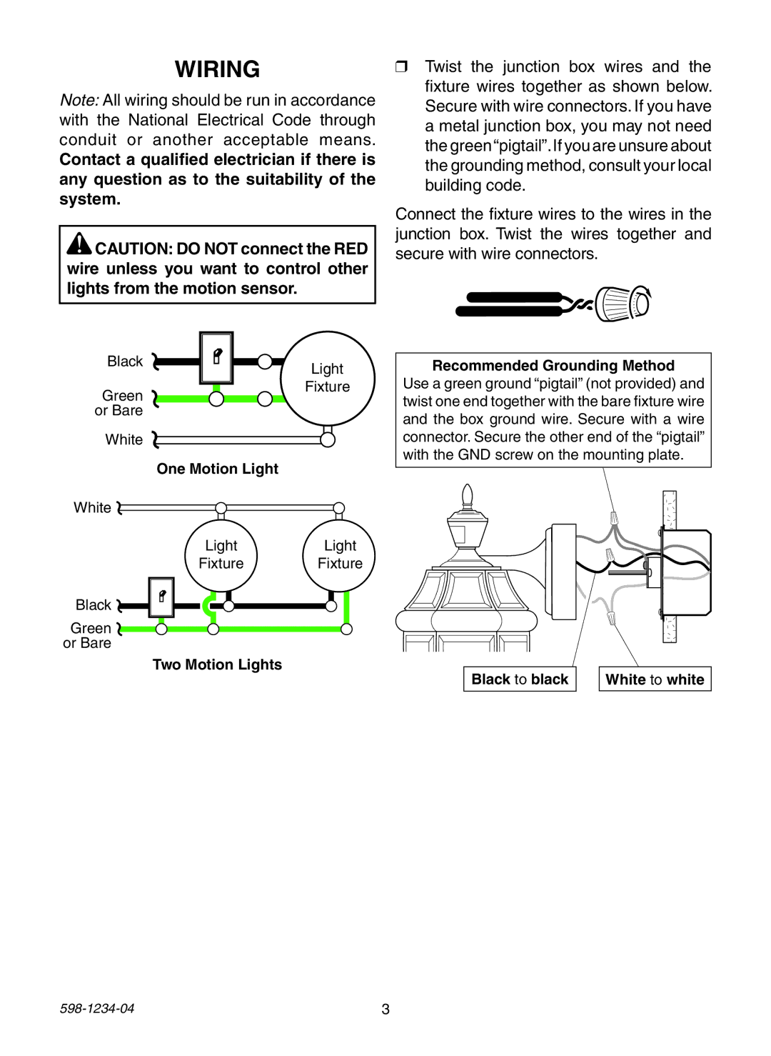 Heath Zenith PF-4293-WI, PF-4291-BK, PF-4294-OR, PF-4296-WI warranty Wiring, Two Motion Lights Recommended Grounding Method 