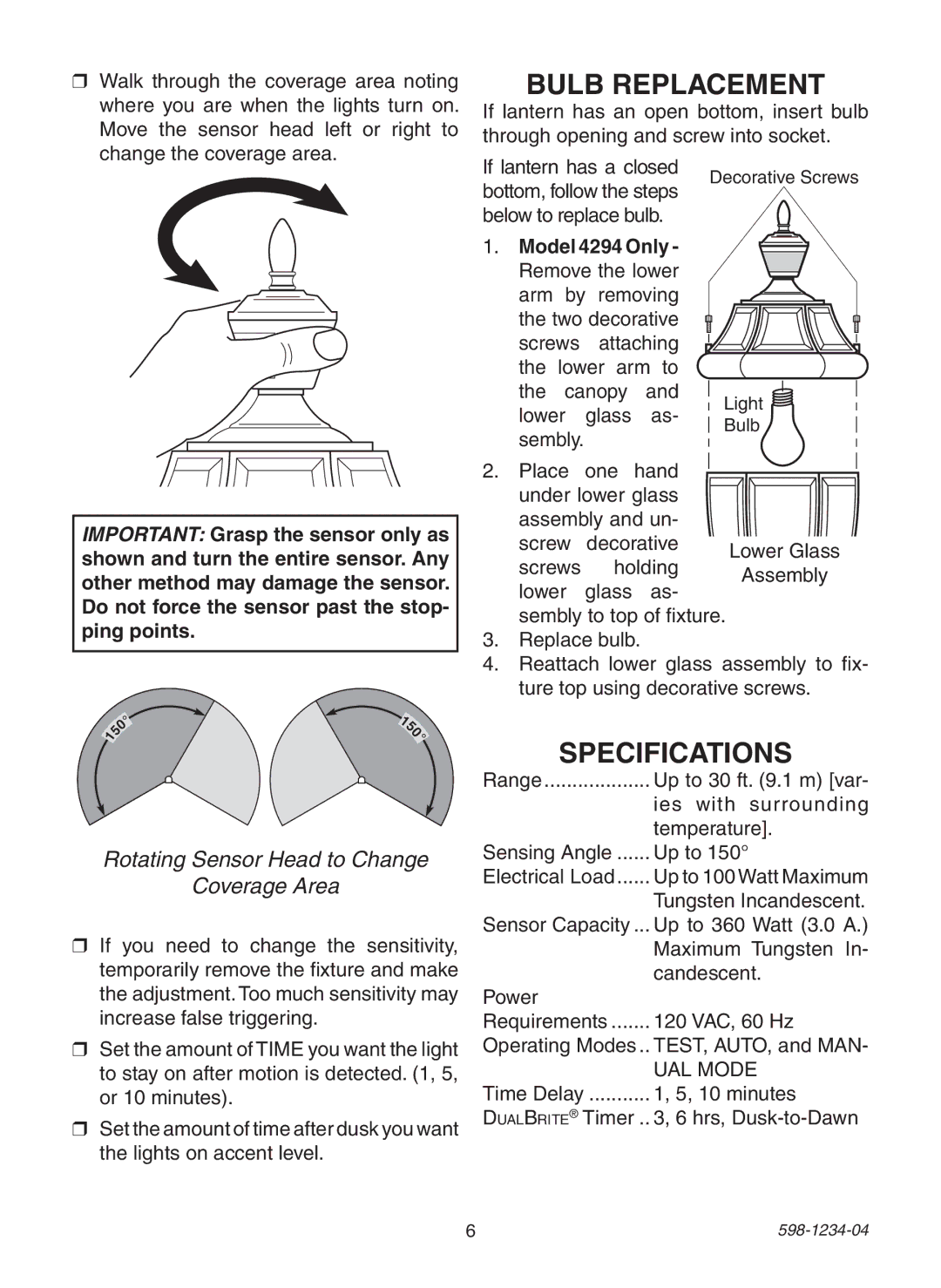 Heath Zenith PF-4294-OR, PF-4291-BK warranty Bulb Replacement, Specifications, Rotating Sensor Head to Change Coverage Area 