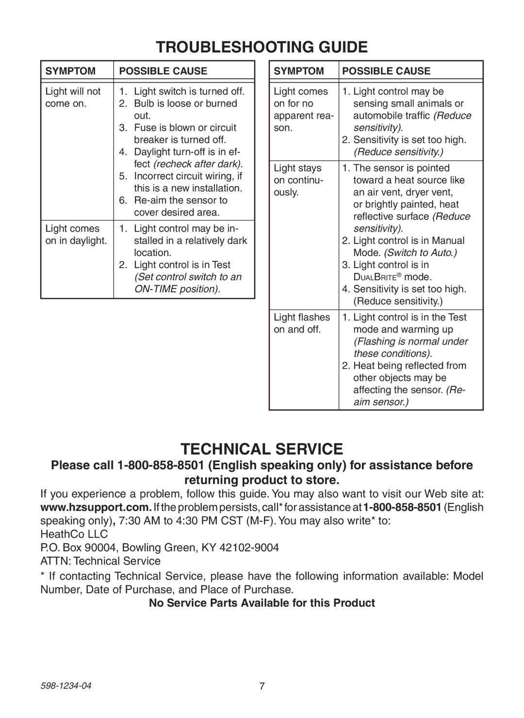 Heath Zenith PF-4296-WI, PF-4291-BK Troubleshooting Guide, Technical Service, No Service Parts Available for this Product 