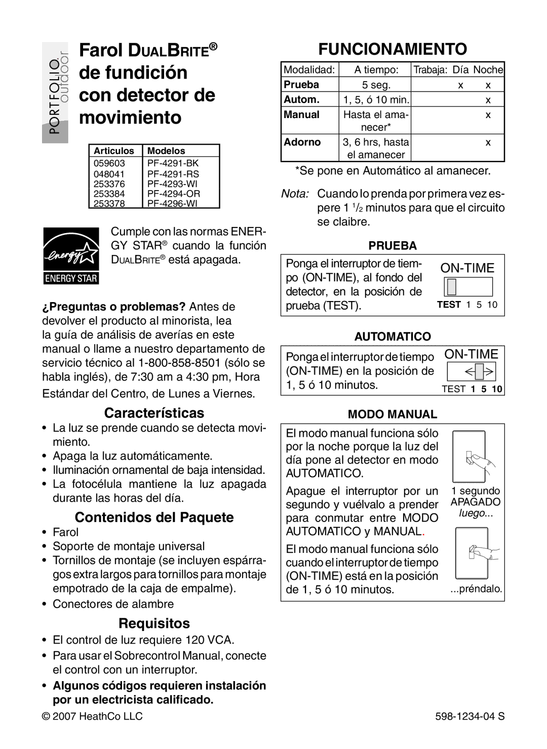 Heath Zenith PF-4291-RS, PF-4291-BK, PF-4294-OR Farol DualBrite De fundición Con detector de movimiento, Funcionamiento 