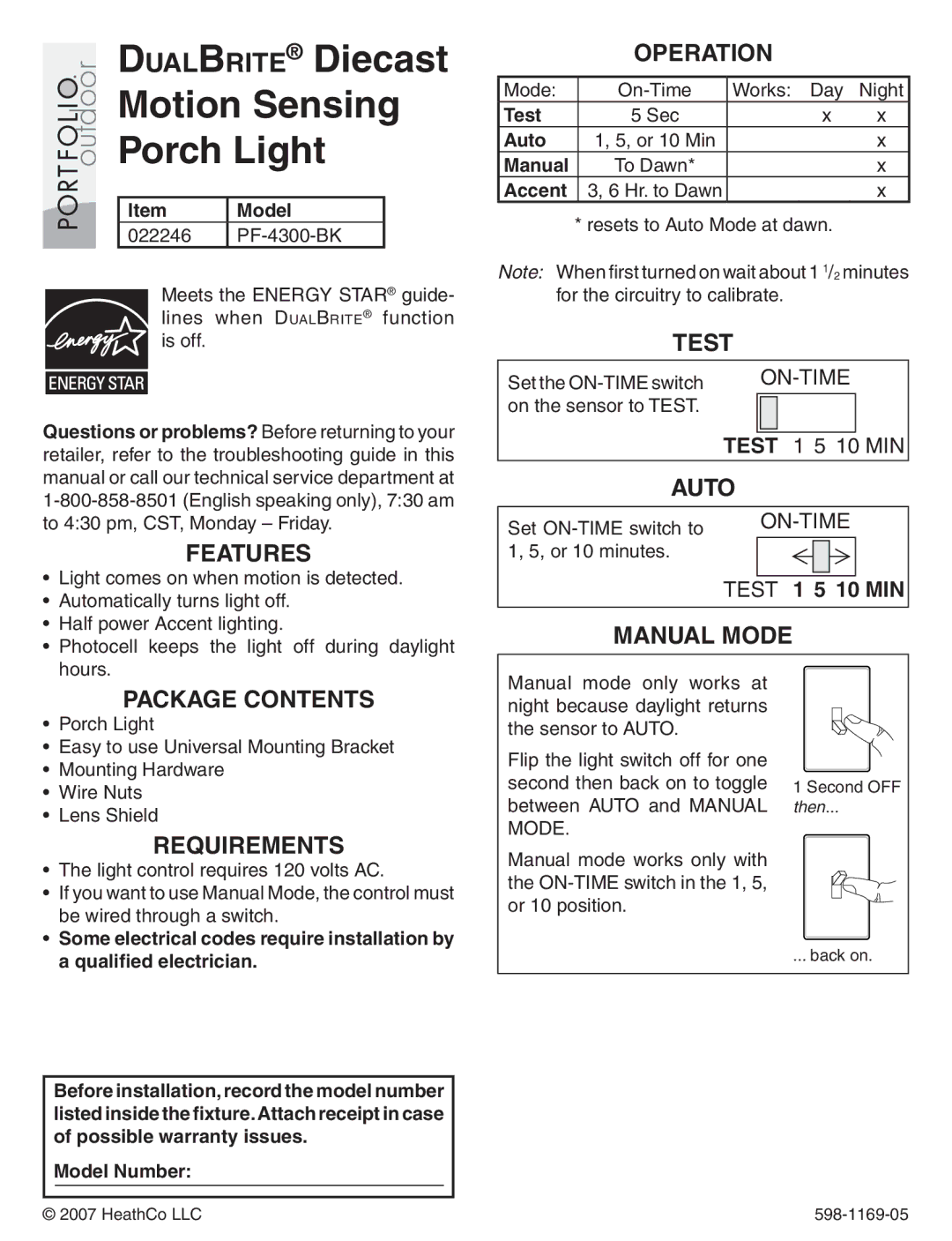 Heath Zenith PF-4300-BK warranty Operation, Test, Auto, Manual Mode 