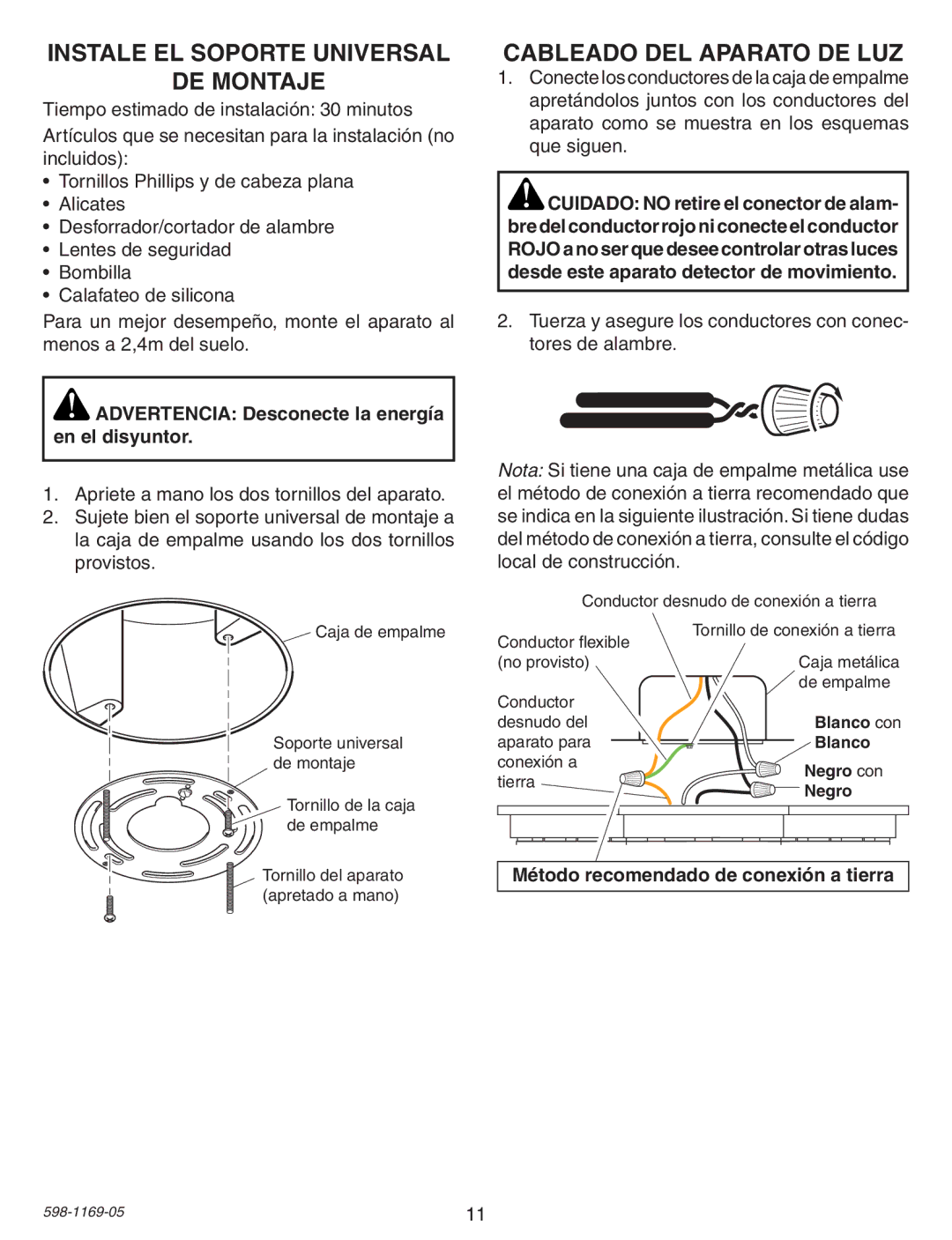 Heath Zenith PF-4300-BK warranty Instale EL Soporte Universal DE Montaje, Cableado DEL Aparato DE LUZ 