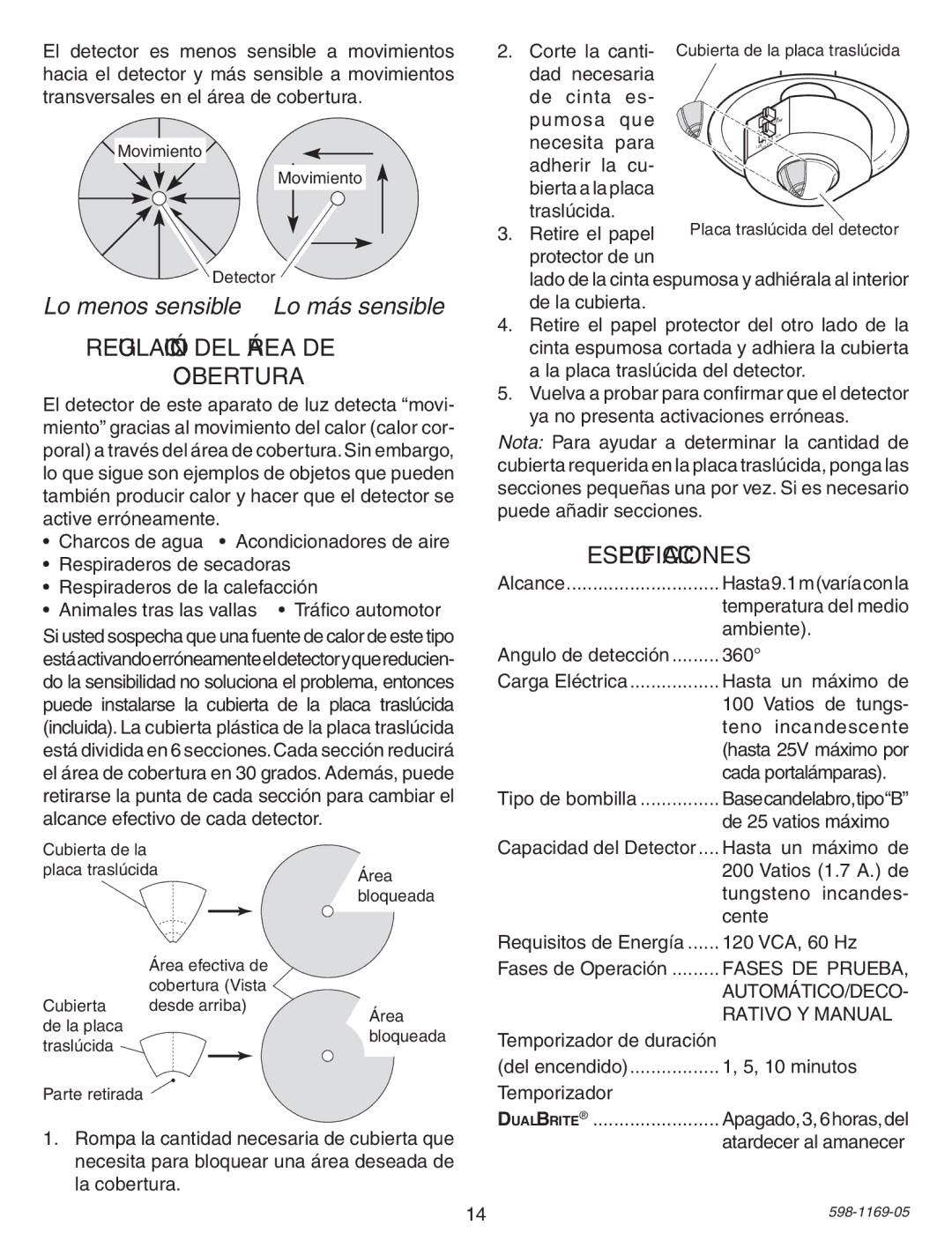 Heath Zenith PF-4300-BK warranty Regulación DEL Área DE Cobertura, Especificaciones 