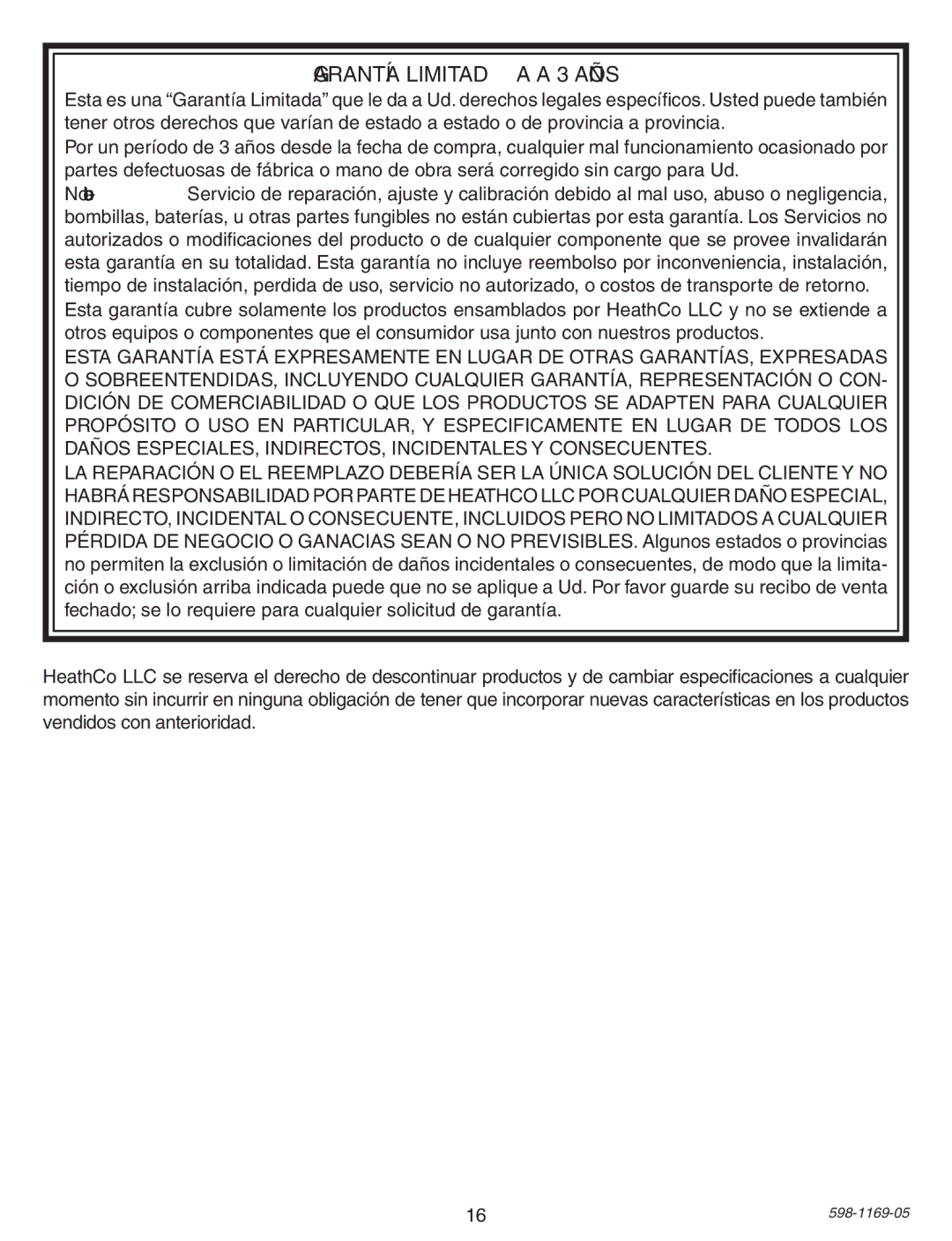 Heath Zenith PF-4300-BK warranty Garantía Limitada a 3 Años 