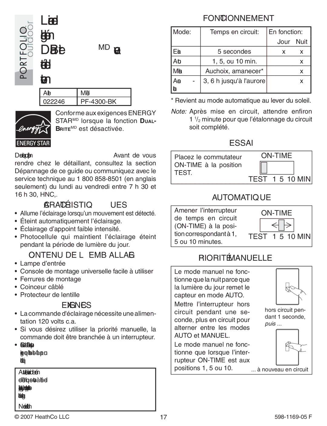 Heath Zenith PF-4300-BK warranty Fonctionnement, Essai, Automatique, Priorité Manuelle 