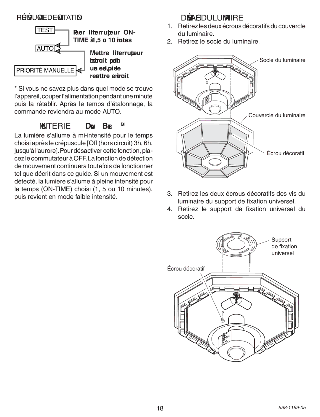 Heath Zenith PF-4300-BK warranty Minuterie DualBriteMD, Démontage DU Luminaire, Résumé du mode de commutation 