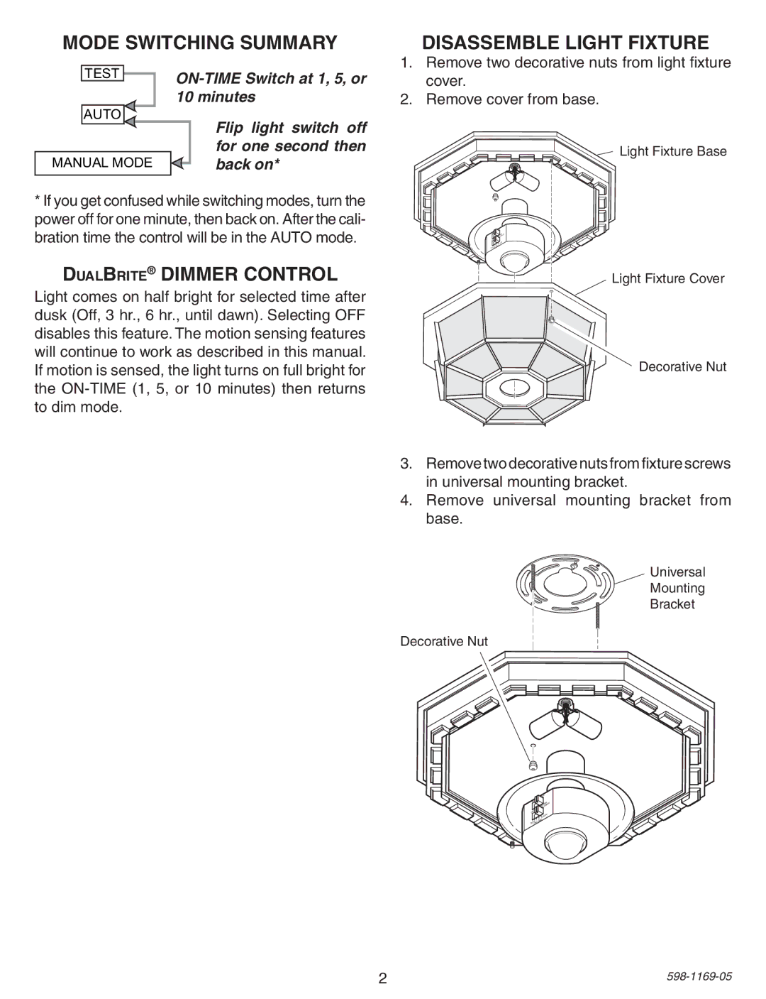 Heath Zenith PF-4300-BK warranty Mode Switching Summary, DualBrite Dimmer Control, Disassemble Light Fixture 