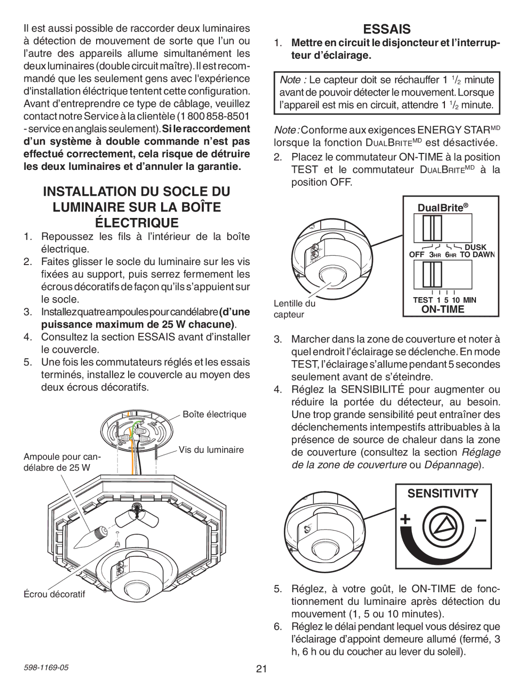 Heath Zenith PF-4300-BK warranty Installation DU Socle DU Essais, Luminaire SUR LA Boîte Électrique 