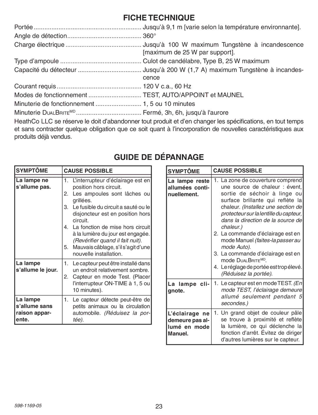 Heath Zenith PF-4300-BK warranty Fiche Technique, Guide DE Dépannage 