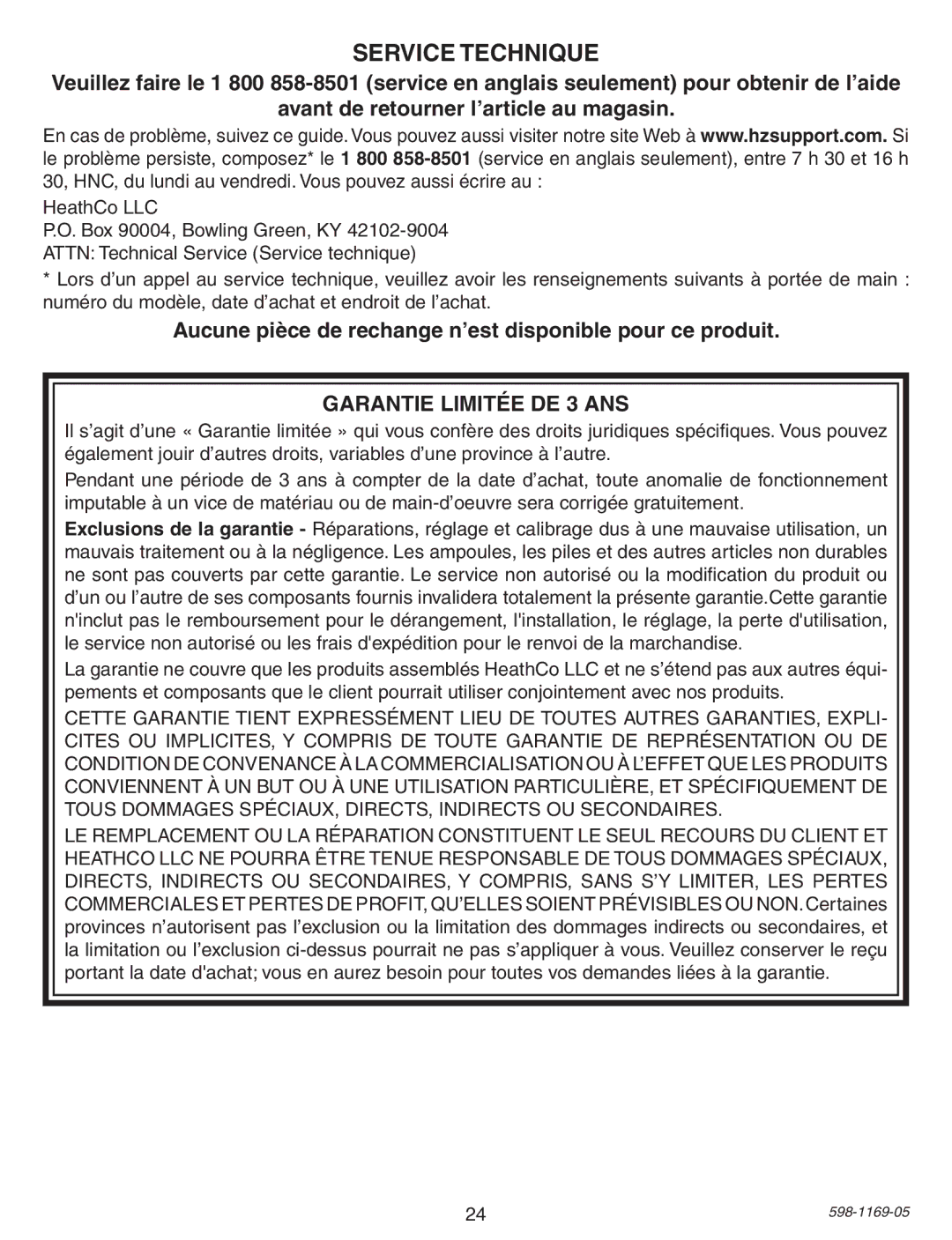 Heath Zenith PF-4300-BK warranty Service Technique, Aucune pièce de rechange n’est disponible pour ce produit 