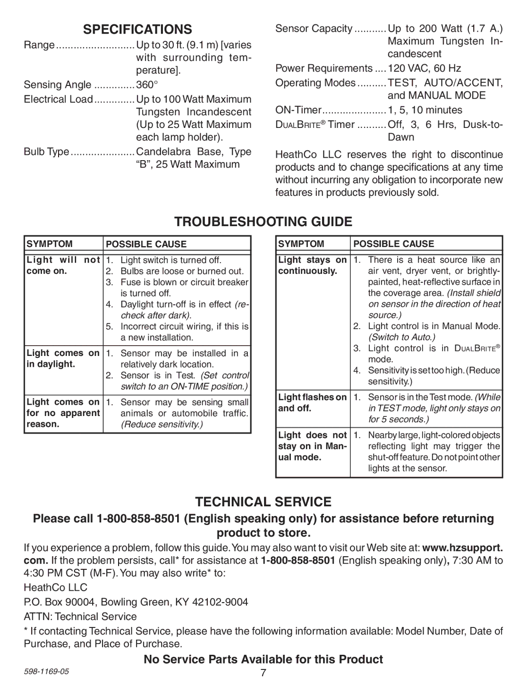 Heath Zenith PF-4300-BK warranty Specifications, Troubleshooting Guide, Technical Service 