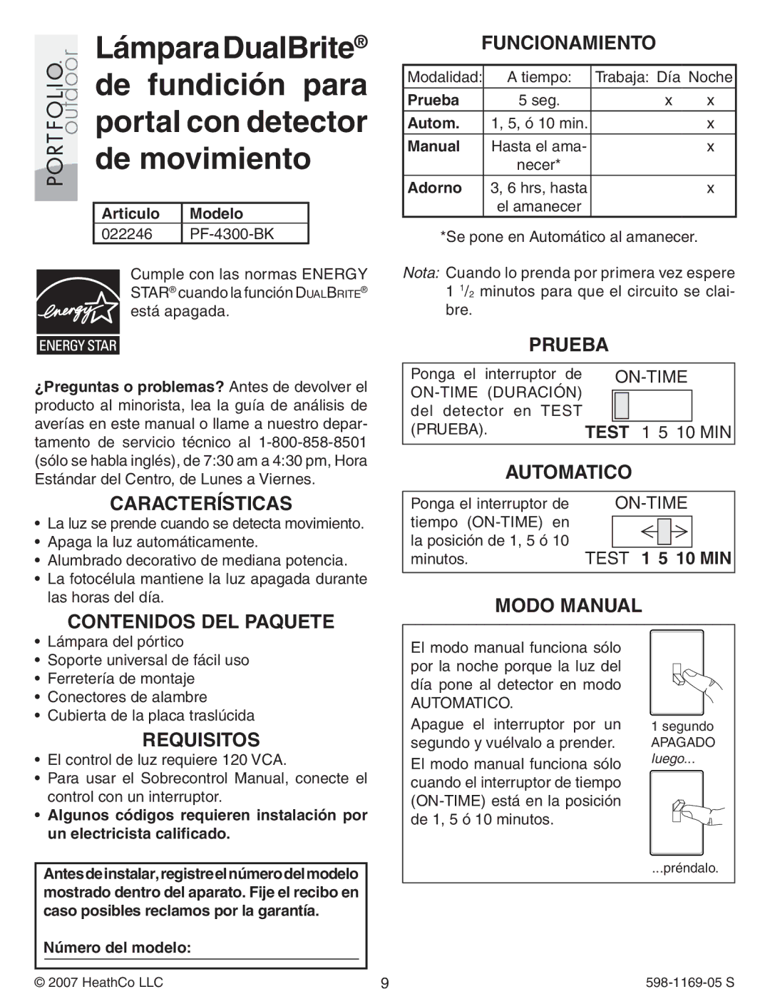 Heath Zenith PF-4300-BK warranty Funcionamiento, Prueba, Automatico, Modo Manual 