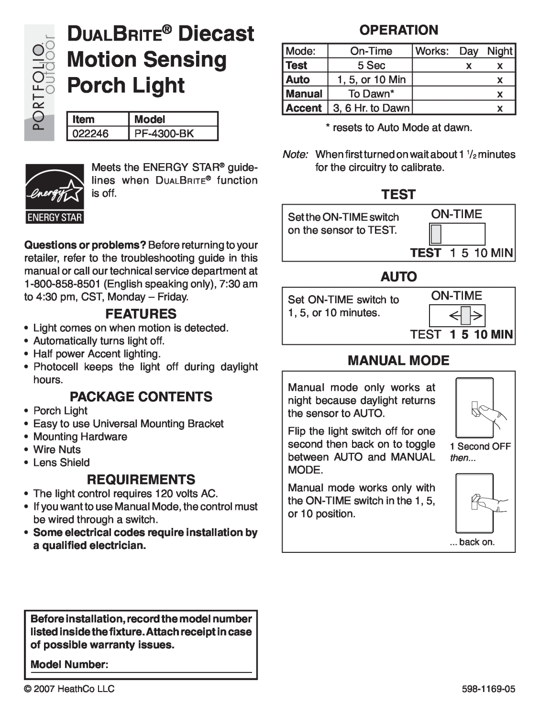 Heath Zenith PF-4300-BK warranty DualBrite Diecast Motion Sensing Porch Light, Features, Operation, Test, Auto, On-Time 