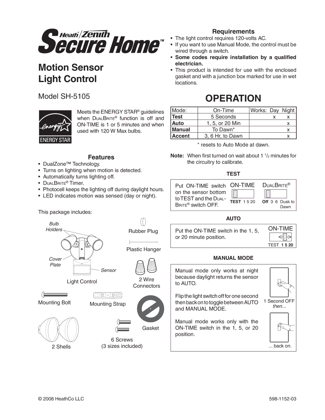 Heath Zenith SH-5105 manual Motion Sensor Light Control, Operation, Features, Requirements 