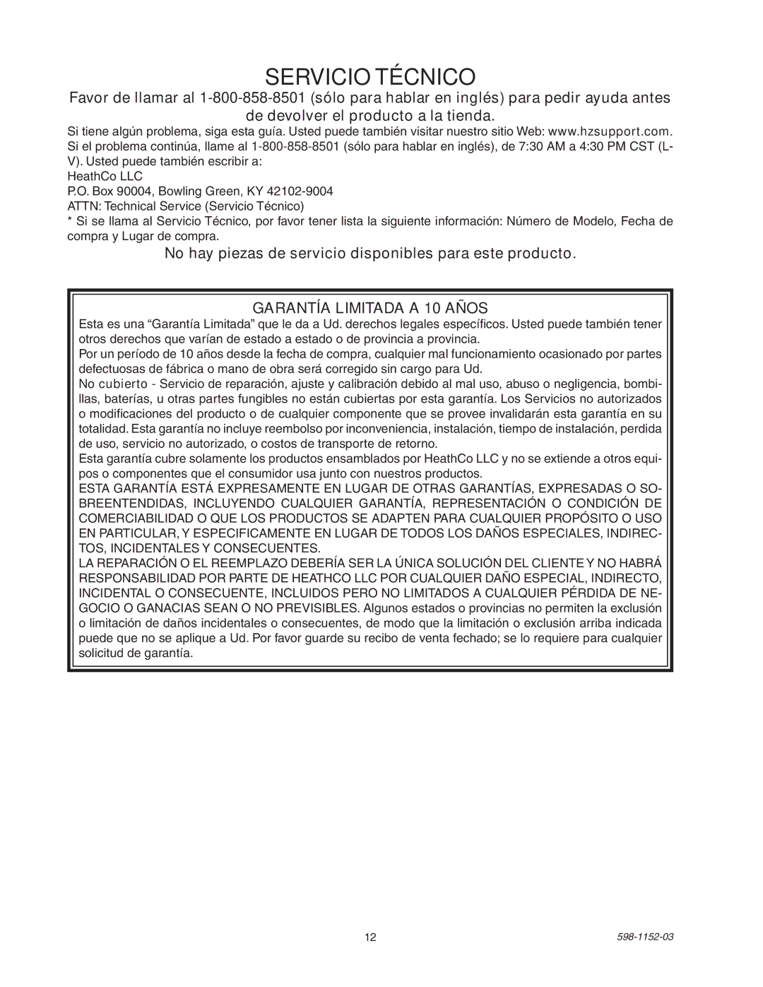 Heath Zenith SH-5105 manual Servicio Técnico, No hay piezas de servicio disponibles para este producto 