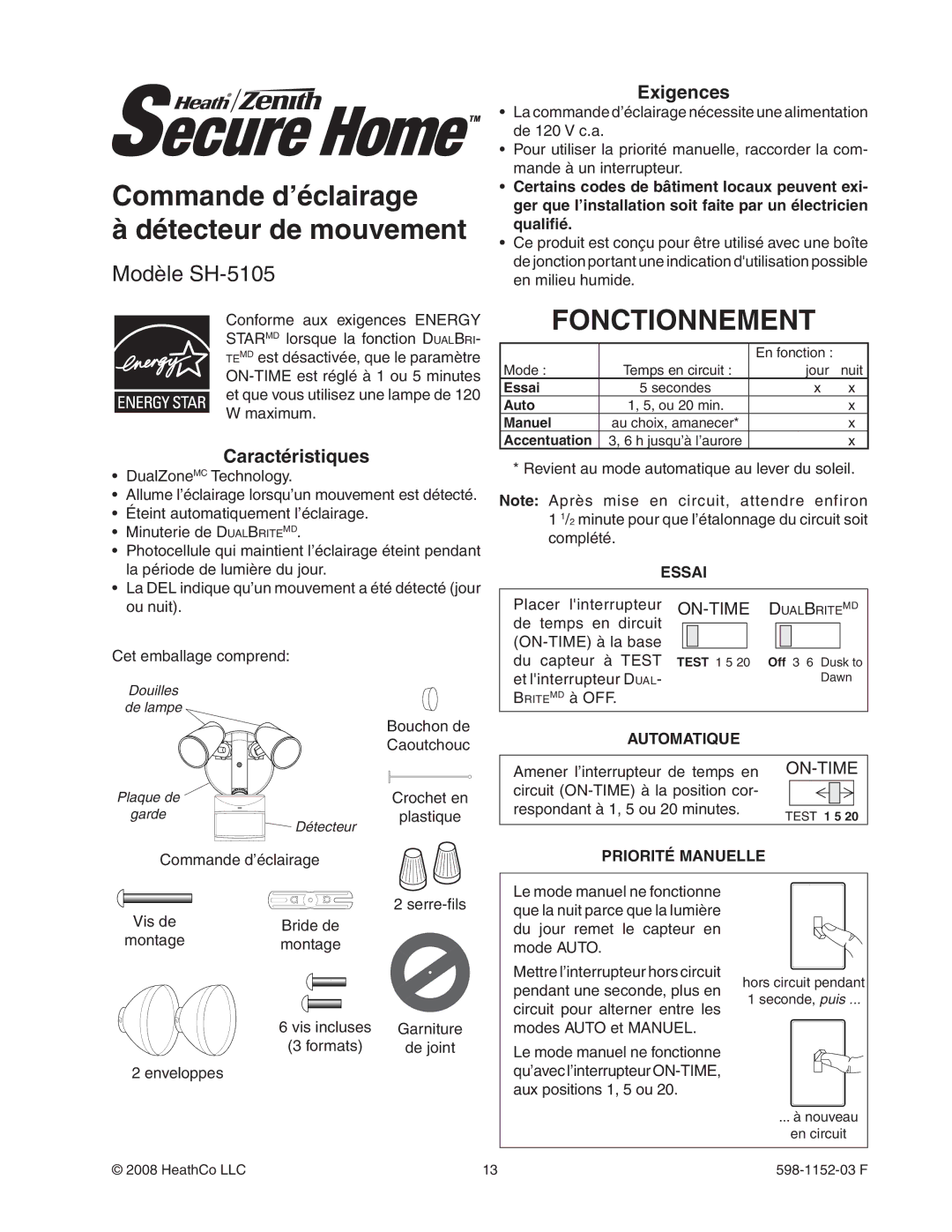 Heath Zenith SH-5105 manual Commande d’éclairage Détecteur de mouvement, Fonctionnement, Caractéristiques, Exigences 