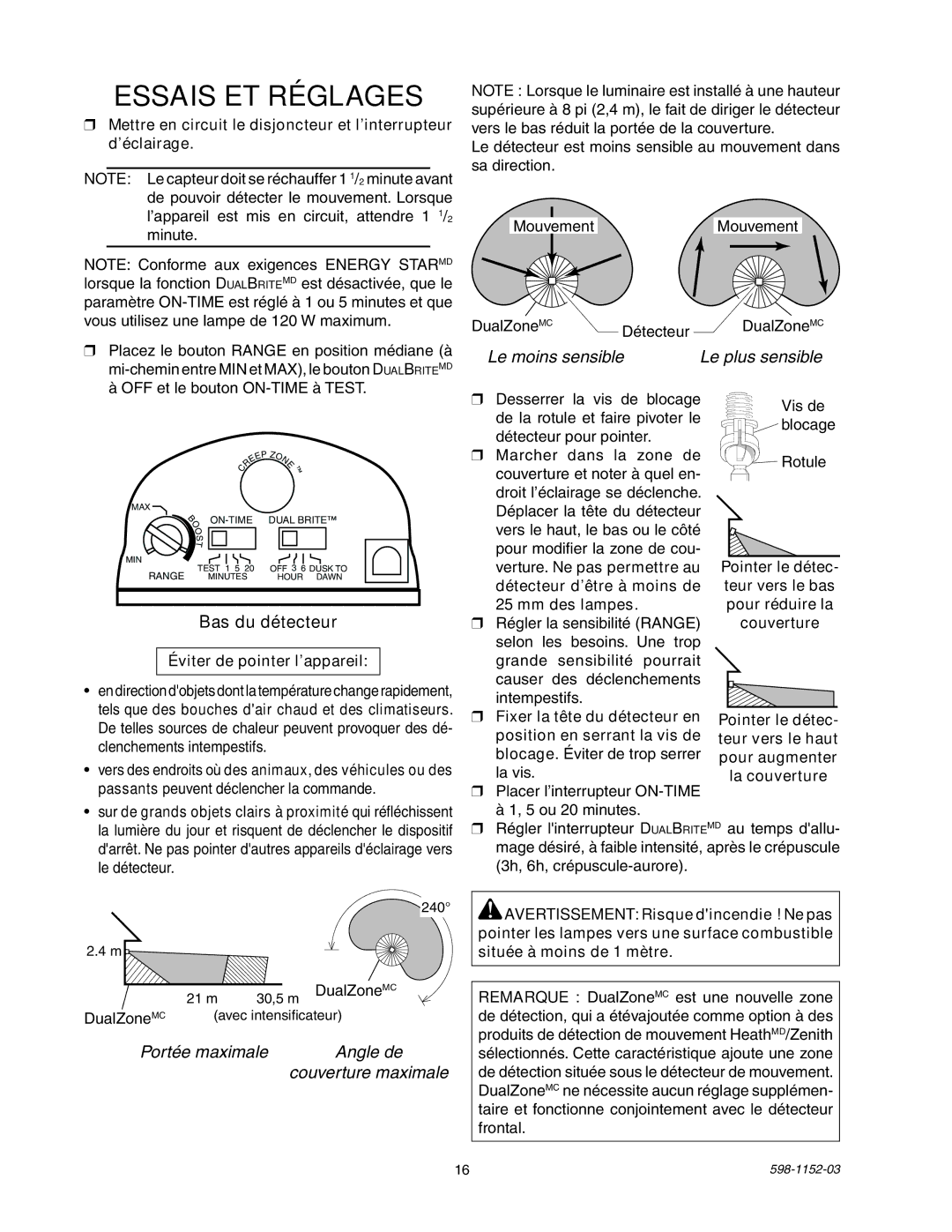 Heath Zenith SH-5105 manual Essais ET Réglages, Éviter de pointer l’appareil 