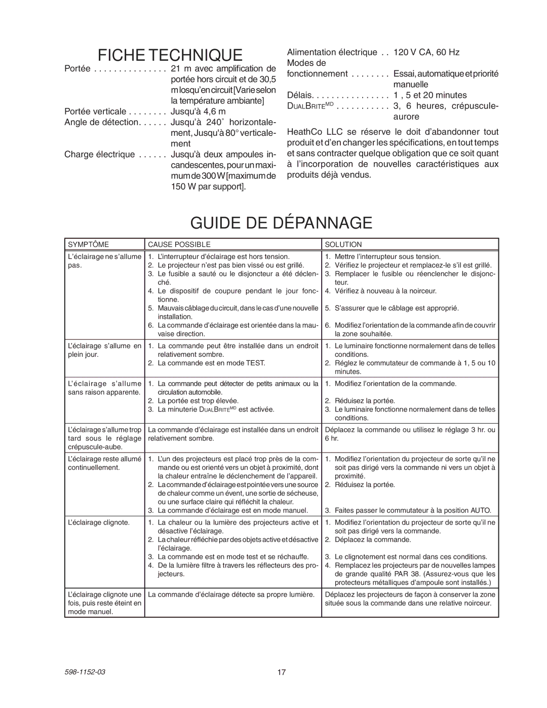 Heath Zenith SH-5105 manual Fiche Technique, Guide DE Dépannage 