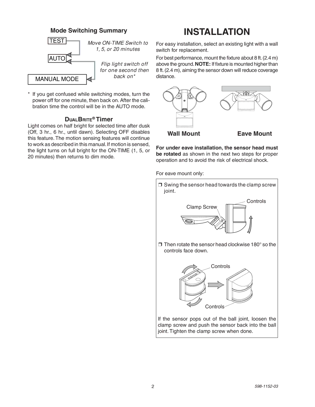 Heath Zenith SH-5105 manual Installation, Mode Switching Summary, DualBrite Timer, Wall Mount 