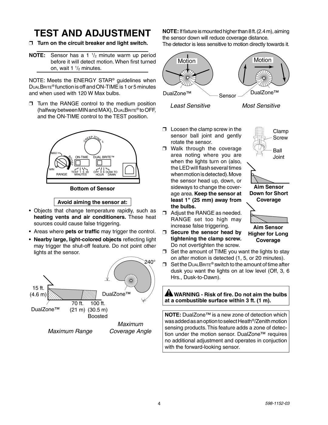 Heath Zenith SH-5105 manual Test and Adjustment, Turn on the circuit breaker and light switch 