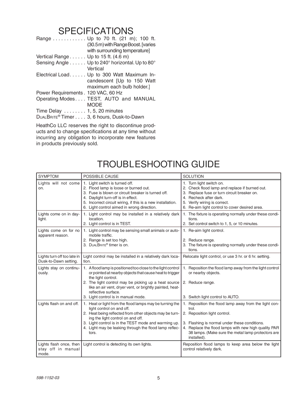 Heath Zenith SH-5105 manual Specifications, Troubleshooting Guide 