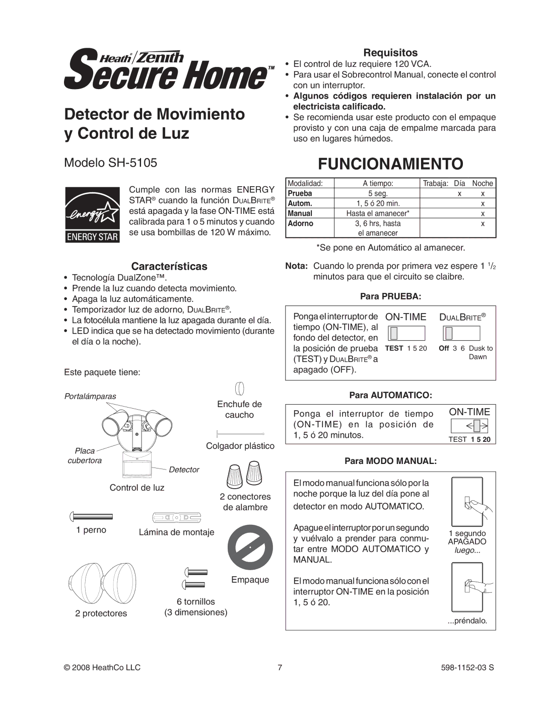 Heath Zenith SH-5105 manual Detector de Movimiento y Control de Luz, Funcionamiento, Características, Requisitos 