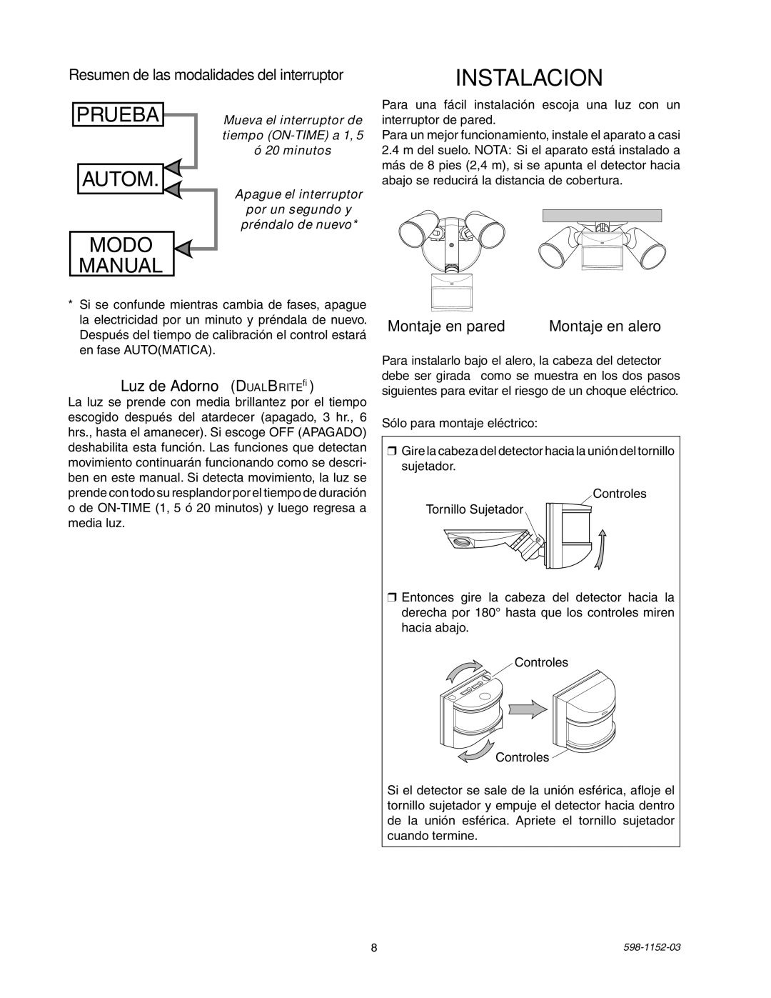 Heath Zenith SH-5105 manual Instalacion, Resumen de las modalidades del interruptor, Luz de Adorno DualBrite 