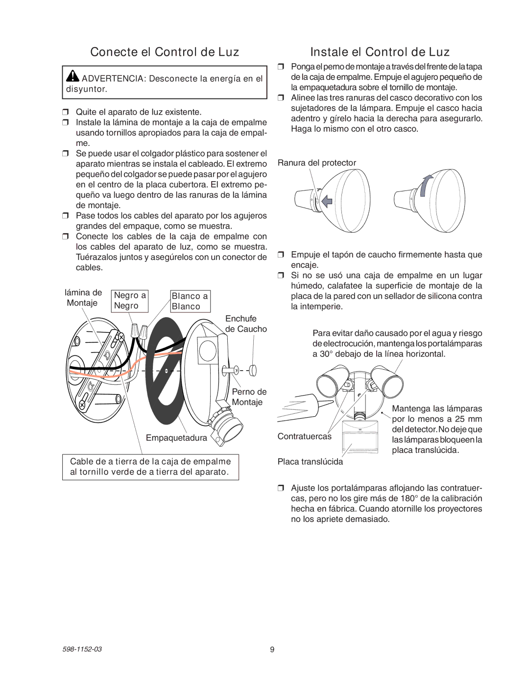 Heath Zenith SH-5105 manual Advertencia Desconecte la energía en el disyuntor, Lámina de Negro a Blanco a Montaje 