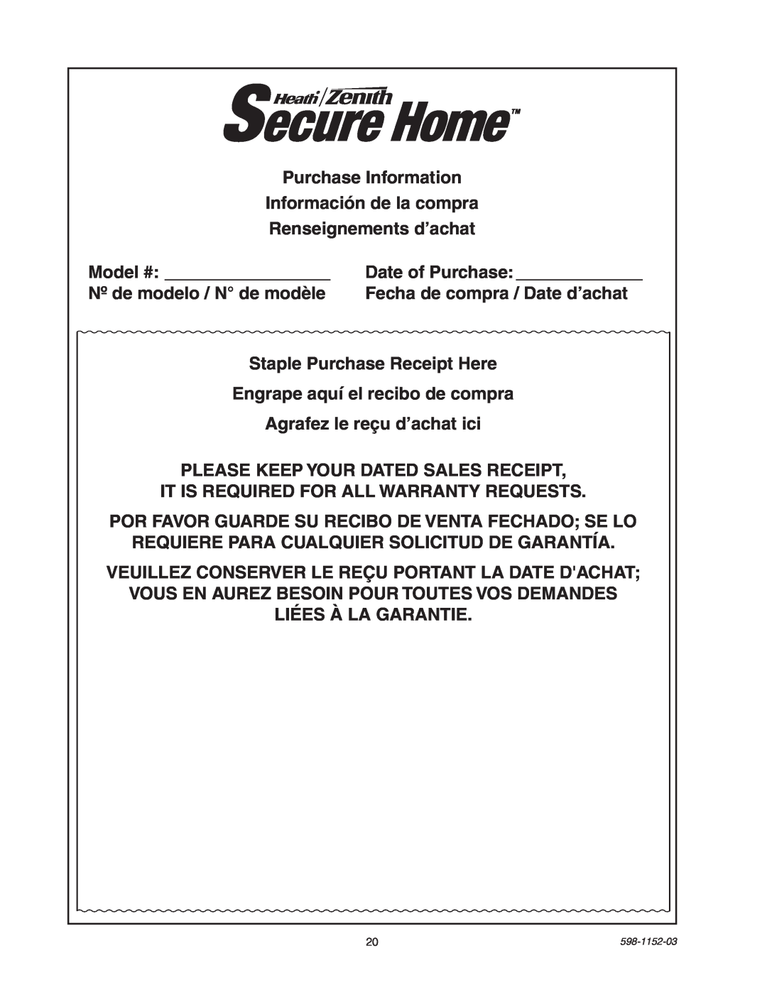 Heath Zenith SH-5105 manual Purchase Information Información de la compra 