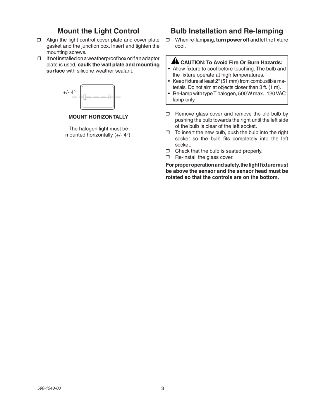 Heath Zenith SH-5311 manual Mount the Light Control, Bulb Installation and Re-lamping, Mount Horizontally 