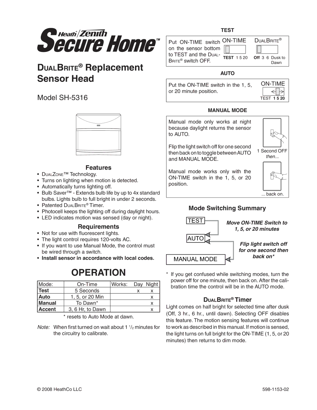 Heath Zenith SH-5316 manual Operation, Features, Requirements, DualBrite Timer 