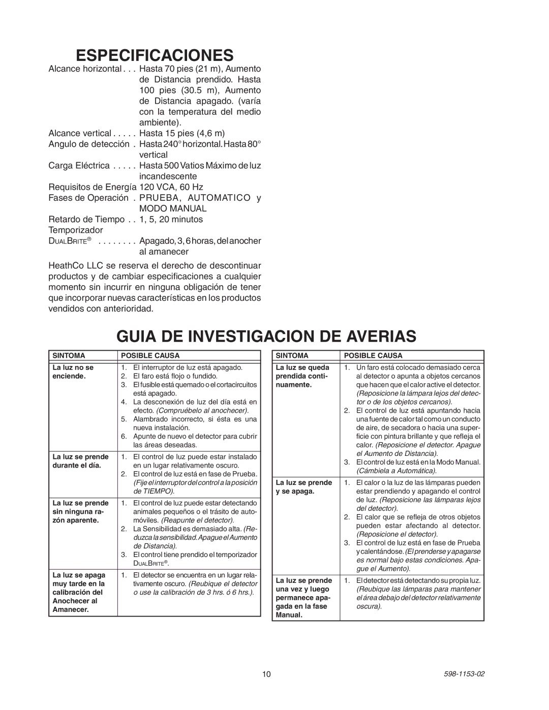 Heath Zenith SH-5316 manual Especificaciones, Guia DE Investigacion DE Averias 